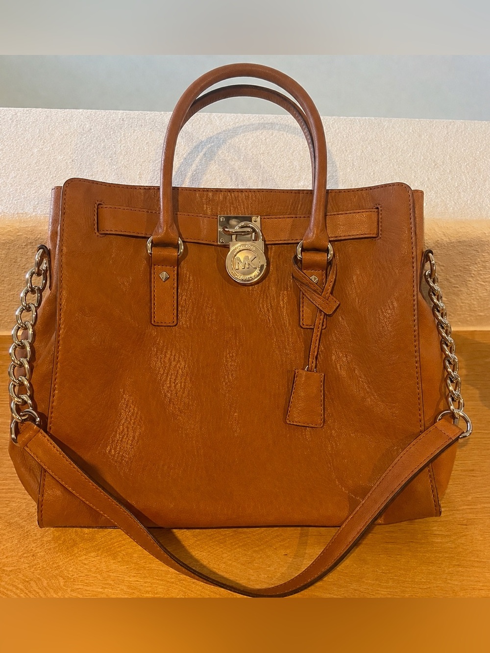 Michael Kors Hamilton Large Leather Satchel Luggage Brown Lock Key Shoulder Bag